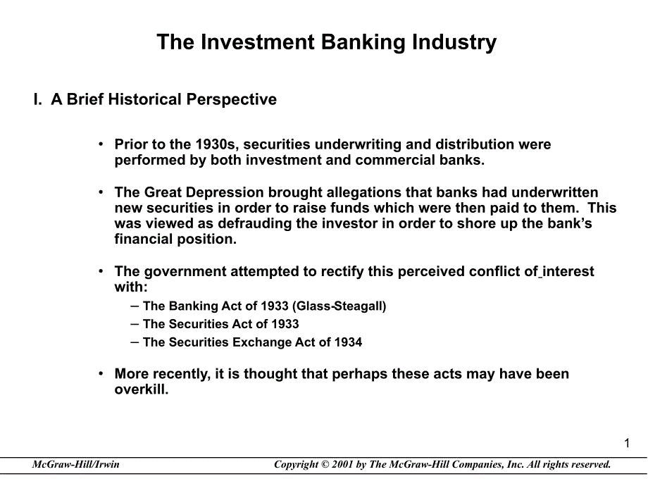 theinvestmentbankingindustryiabriefhistoricalper：投资银行industryi简要历史_第1页