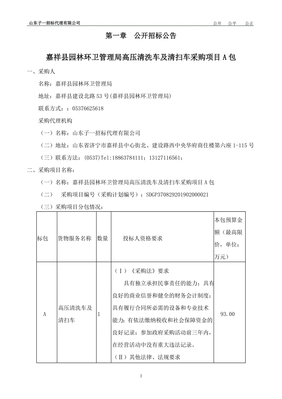 嘉祥县园林环卫管理局高压清洗车及清扫车采购项目A包招标文件_第3页