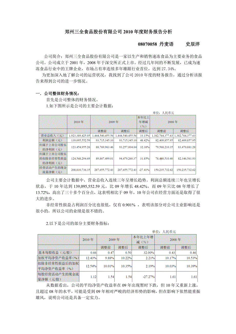 郑州三全食品股份有限公司2010年度财务报告分析_第1页