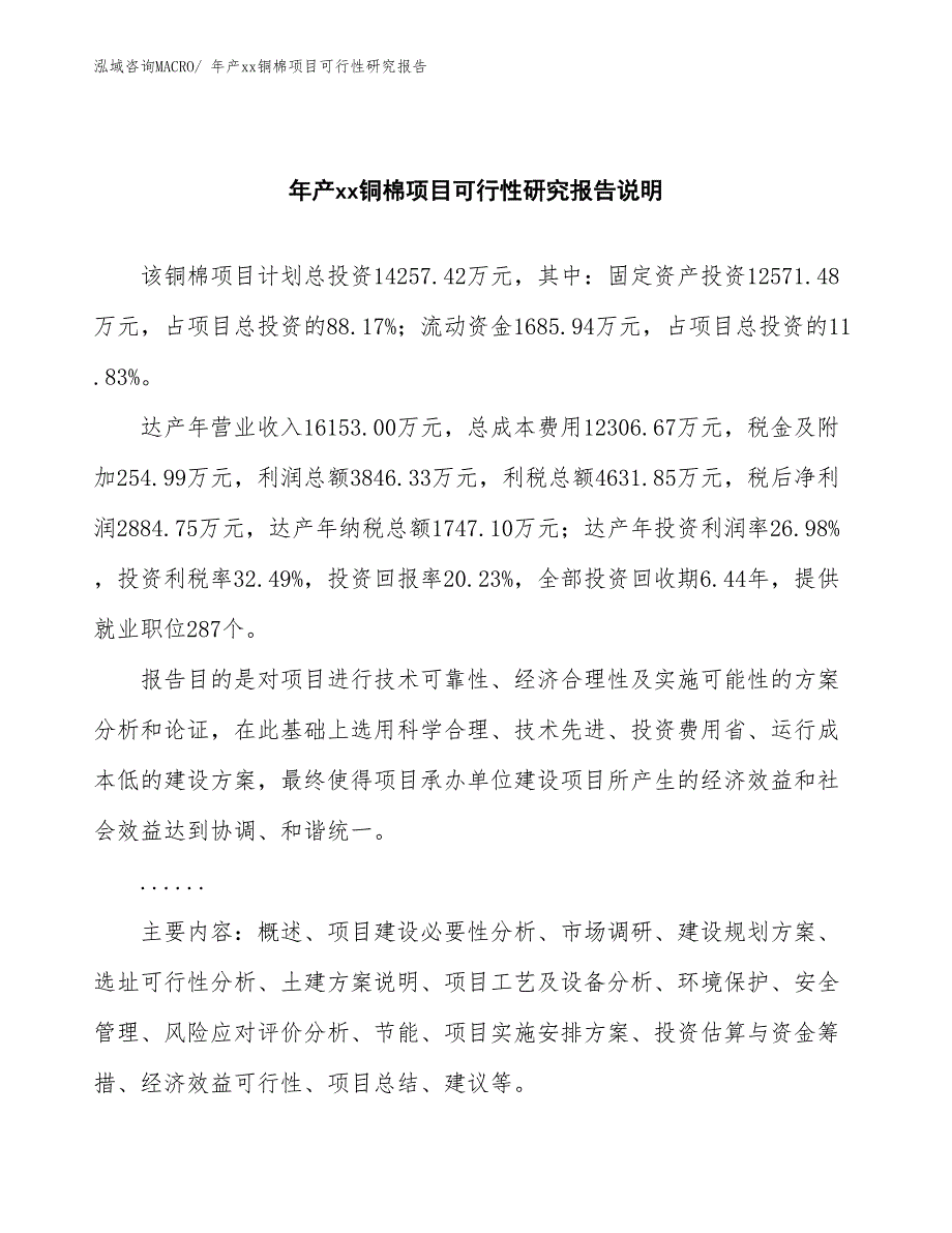 xxx高新技术产业示范基地年产xx铜棉项目可行性研究报告_第2页