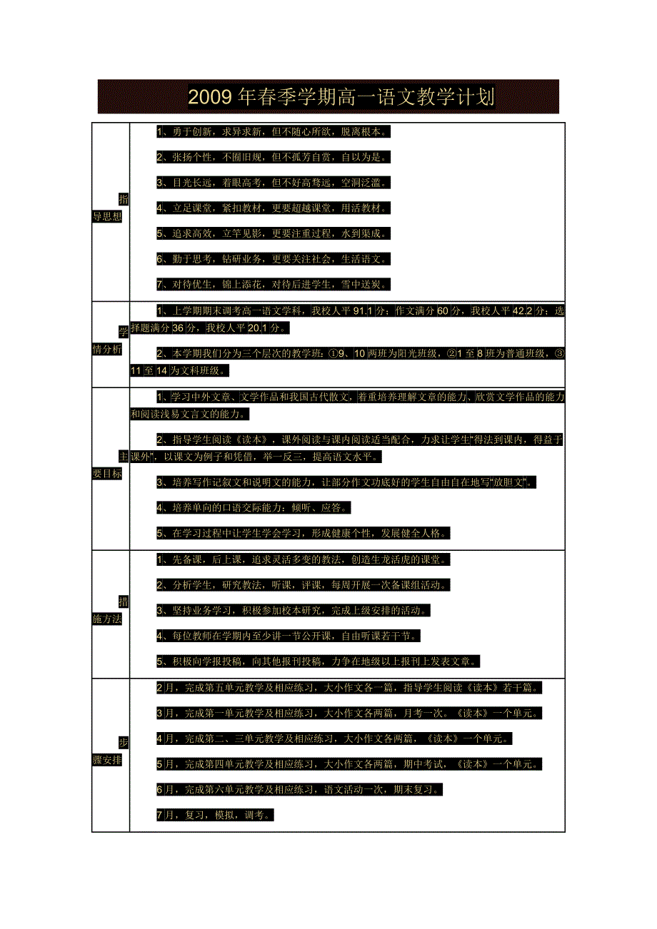 2009年春季学期高一语文教学计划_第1页