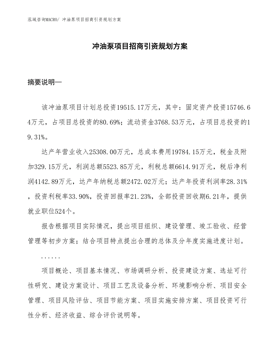 冲油泵项目招商引资规划方案_第1页