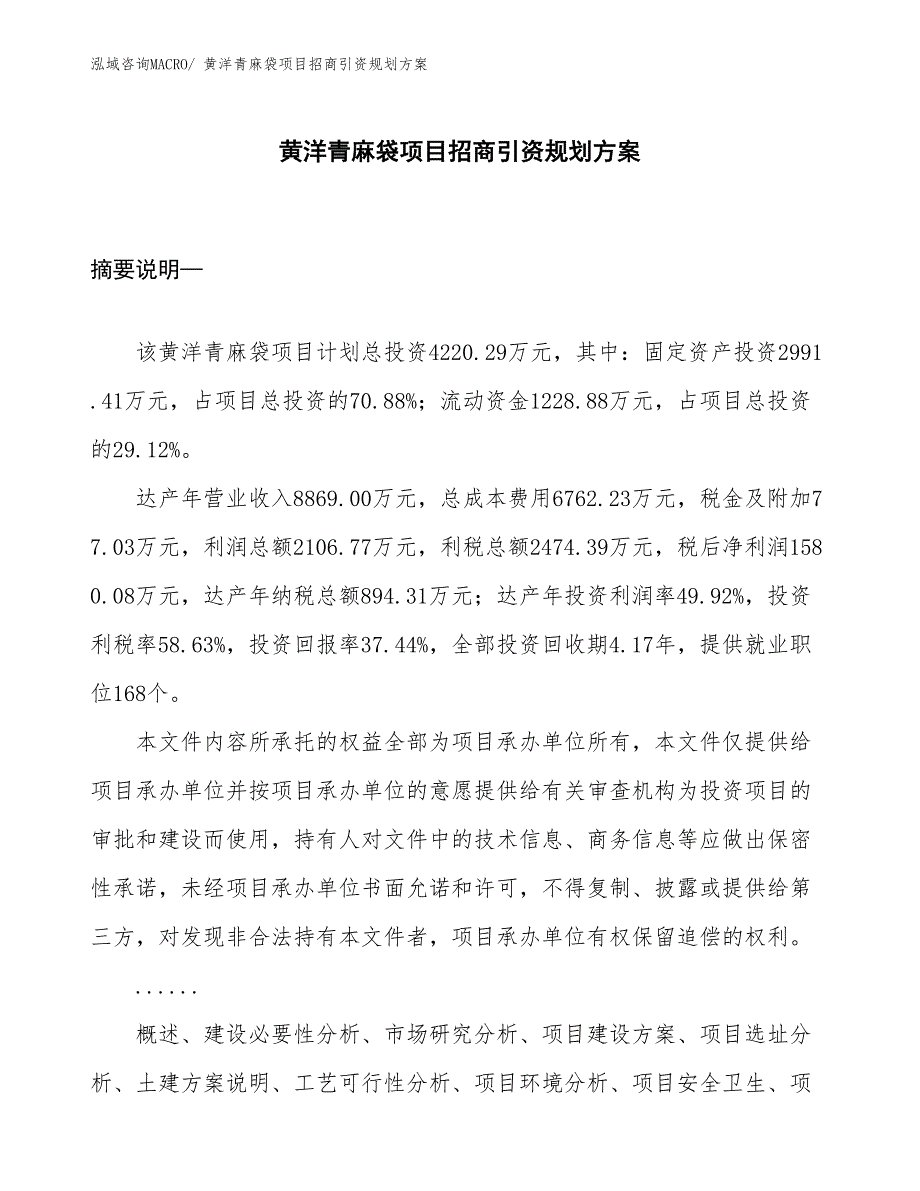 黄洋青麻袋项目招商引资规划方案_第1页
