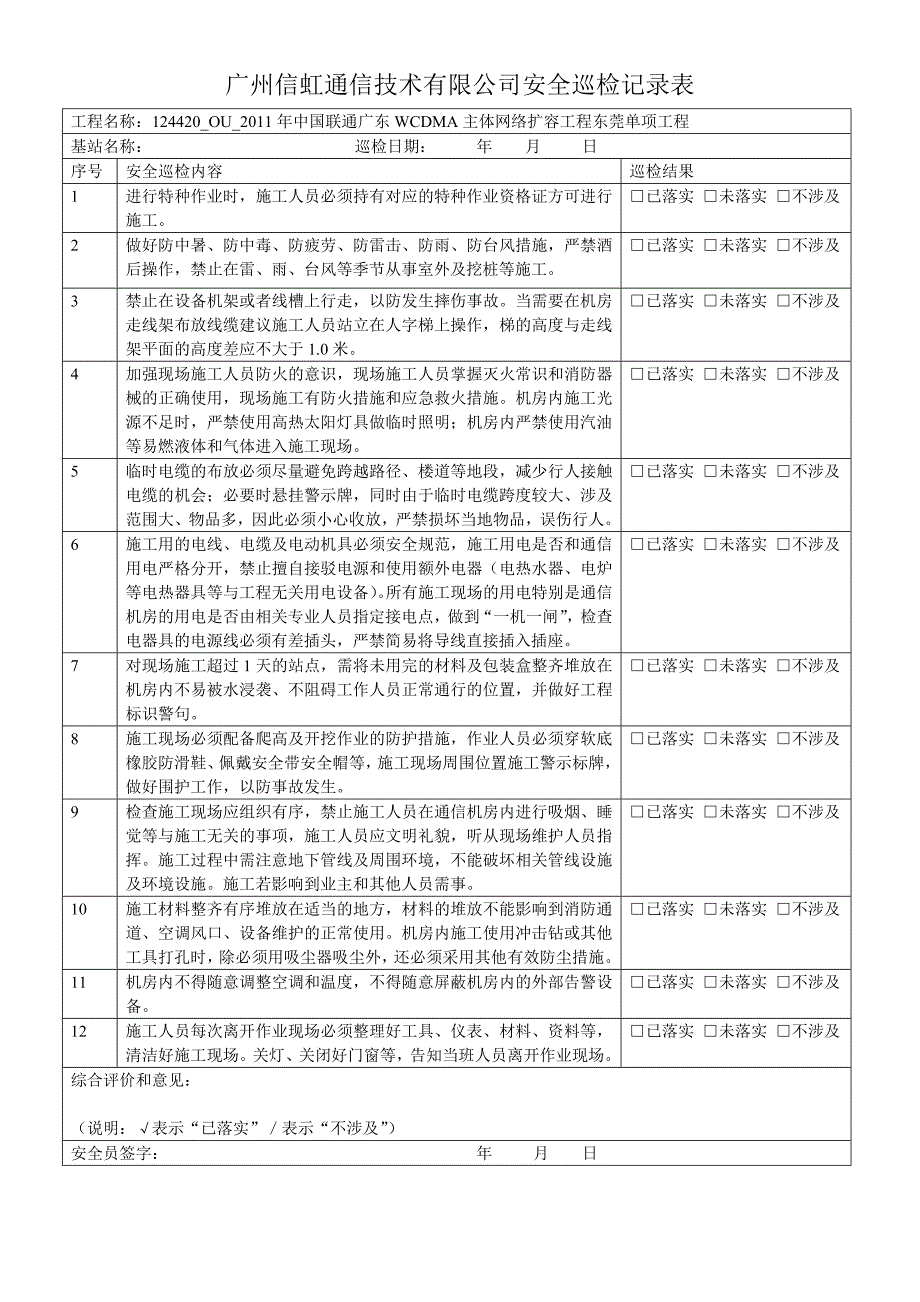 《安全巡查记录表》doc版_第1页