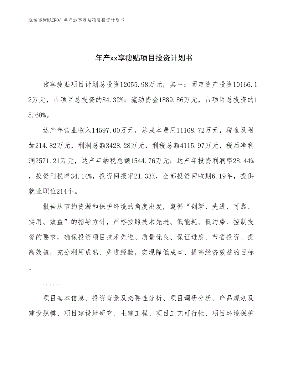 年产xx享瘦贴项目投资计划书_第1页