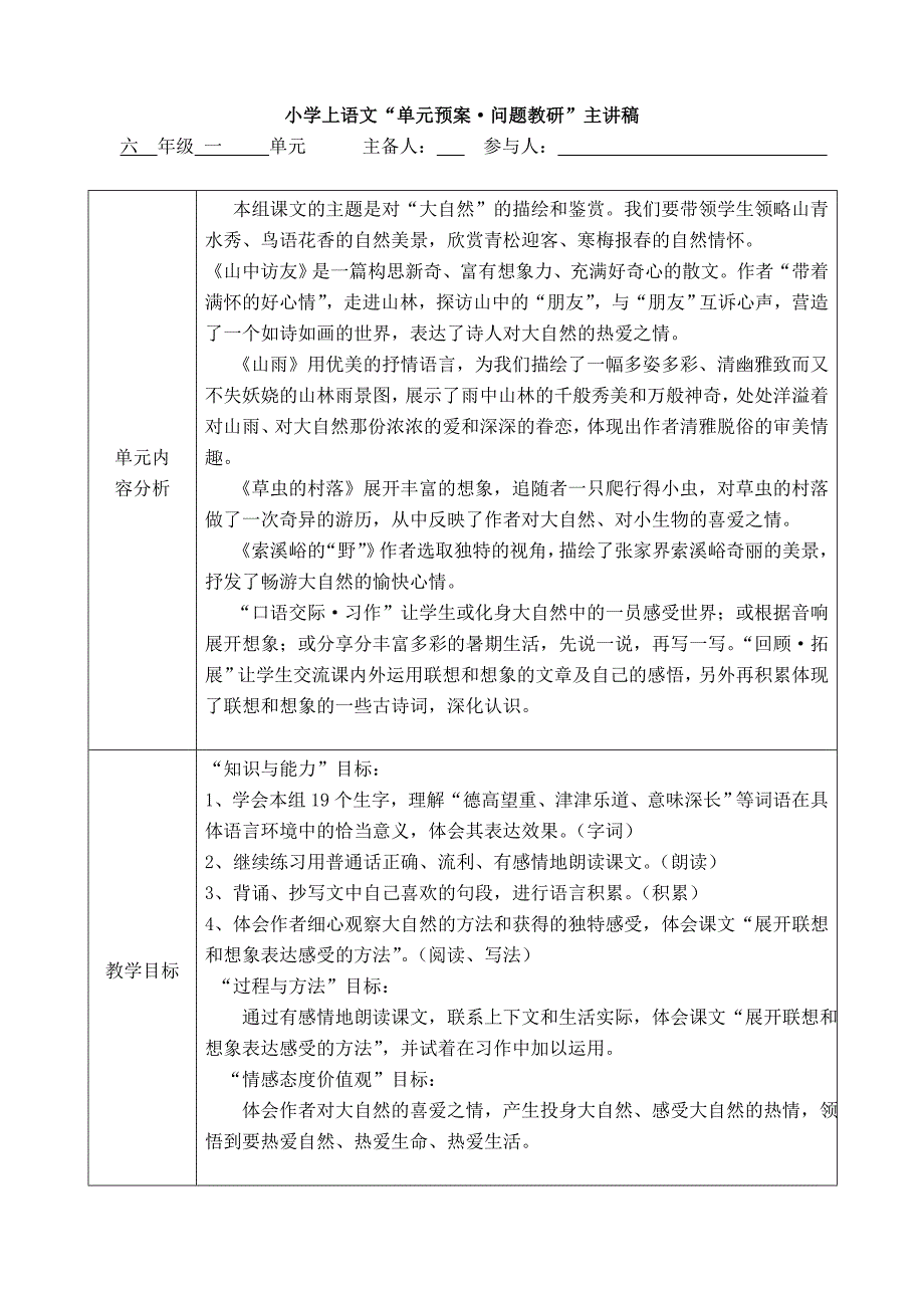 新人教版小学语文六年级上册单元主讲稿　全册_第1页