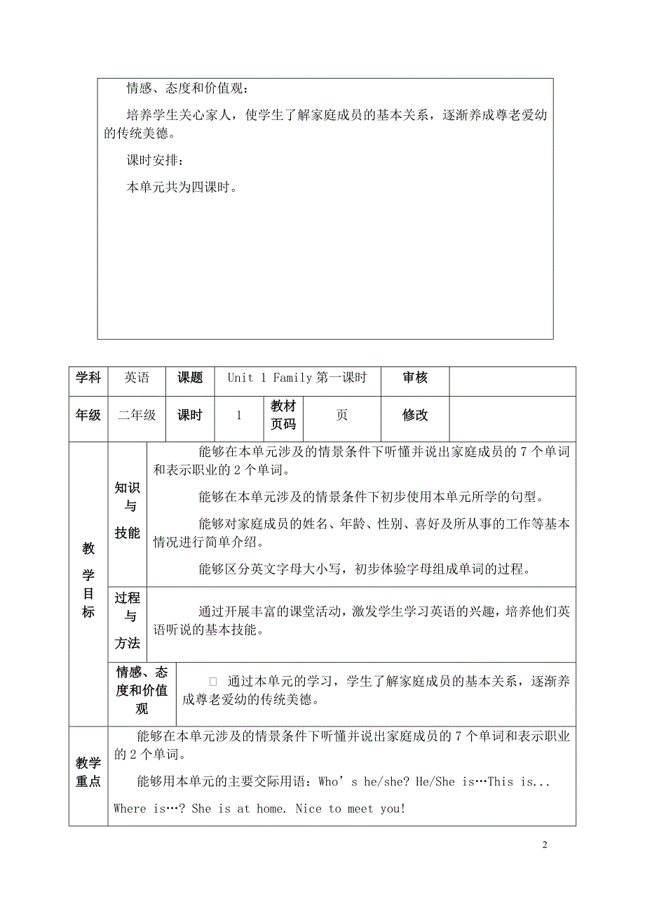 新人教版二年级英语上册表格式教案_第2页