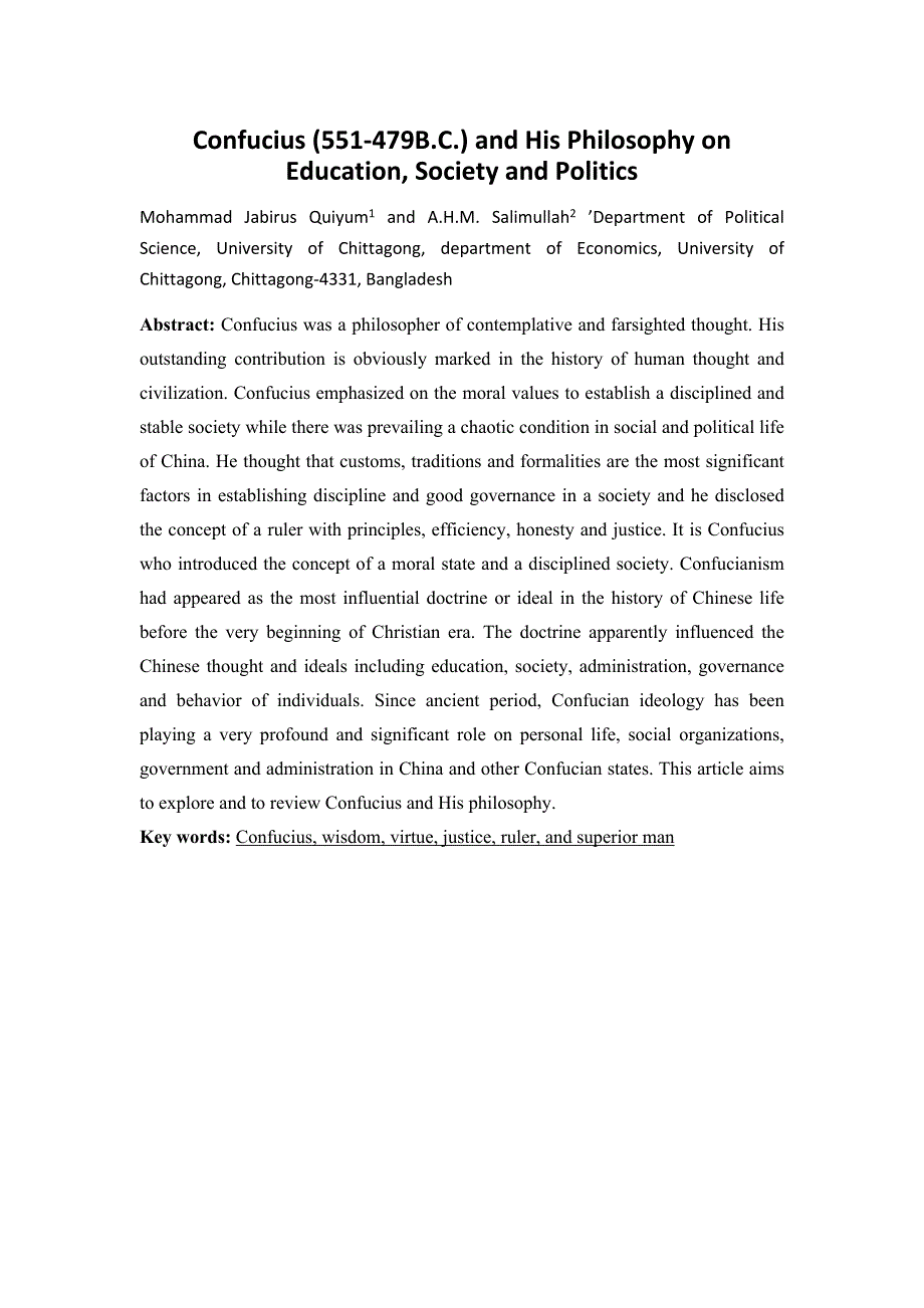 孔子（551-479b.c）和他的教育、社会和政 治哲学  毕业论文外文翻译_第1页