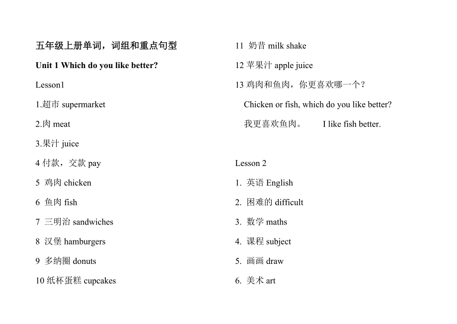 人教版五年级上册单词，词组和重点句型_第1页