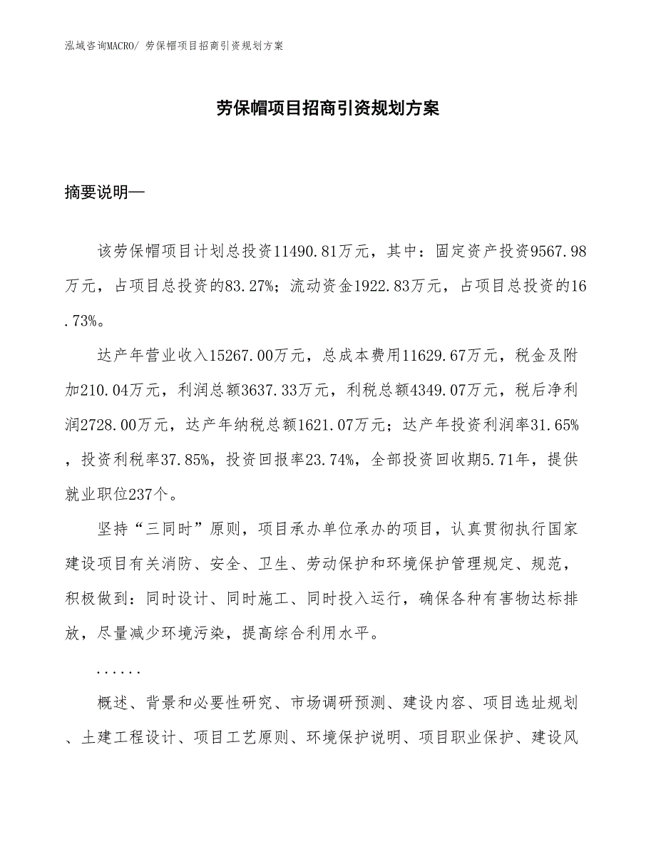 劳保帽项目招商引资规划方案_第1页