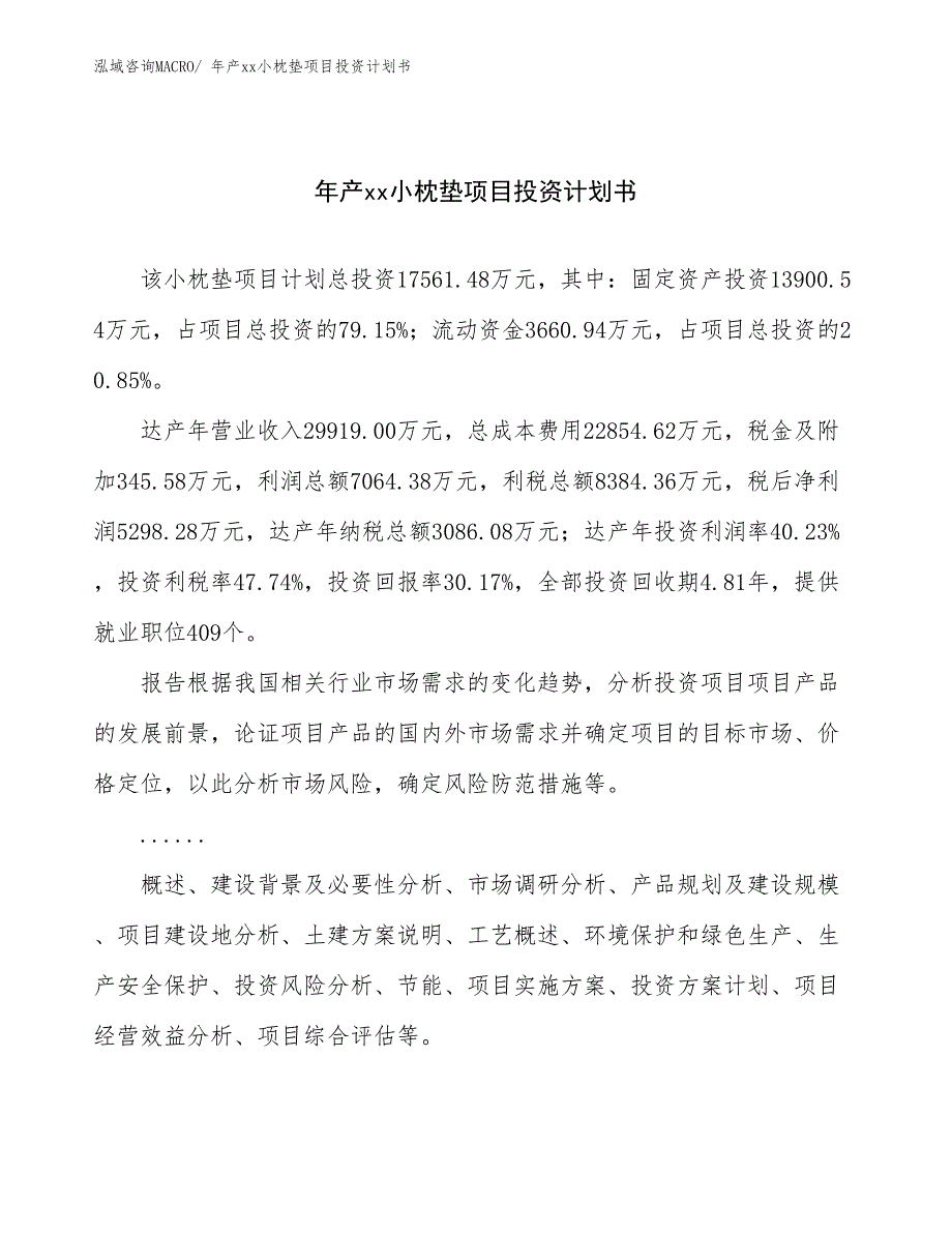 年产xx小枕垫项目投资计划书_第1页