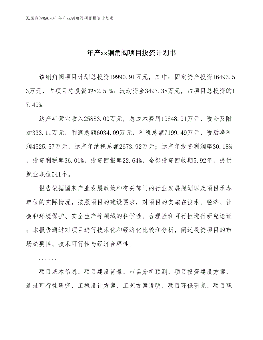 年产xx铜角阀项目投资计划书_第1页