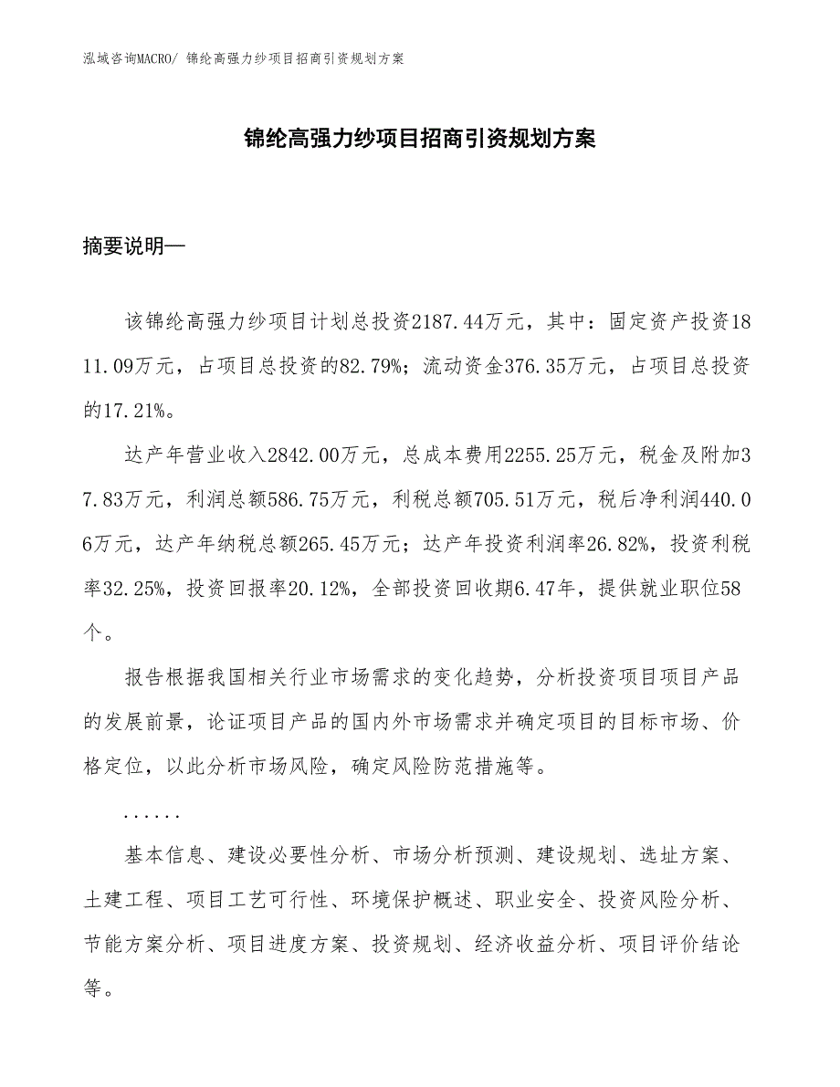 锦纶高强力纱项目招商引资规划方案_第1页