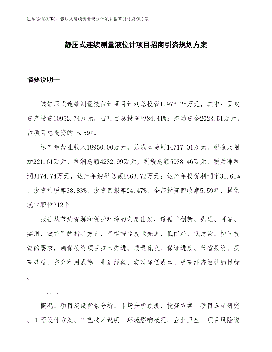 静压式连续测量液位计项目招商引资规划方案_第1页