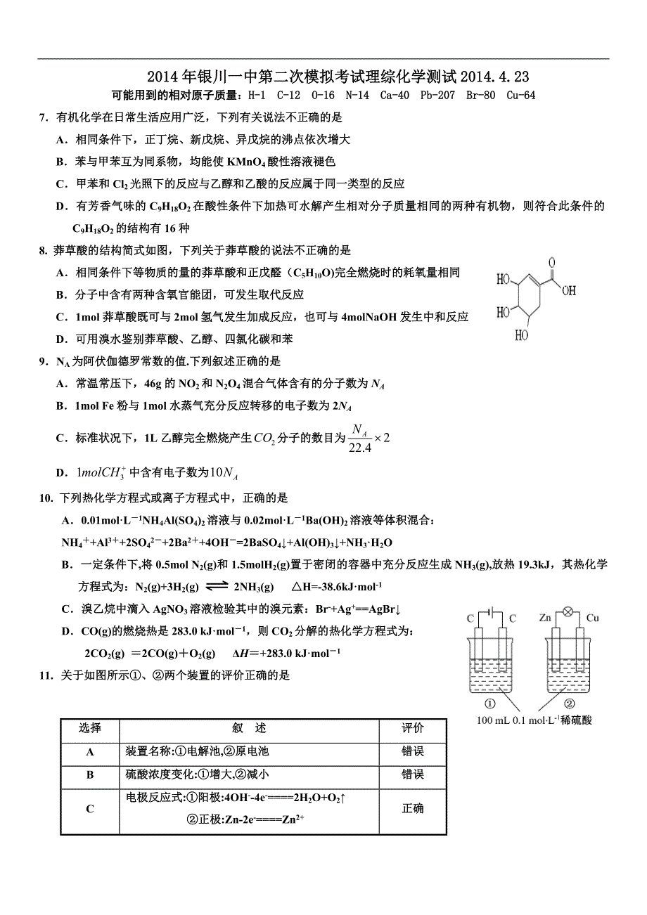 宁夏2014届高三第二次模拟考试理综化学测试2014.4.23_第1页