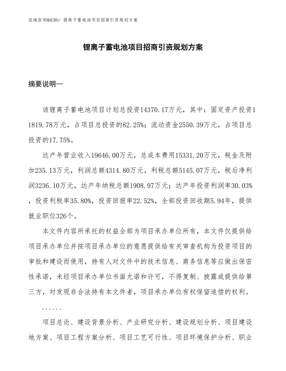 锂离子蓄电池项目招商引资规划方案_第1页