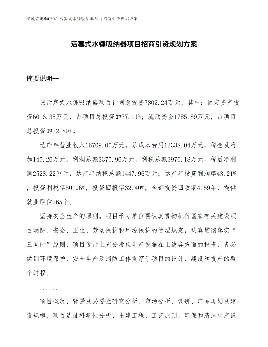 活塞式水锤吸纳器项目招商引资规划方案_第1页