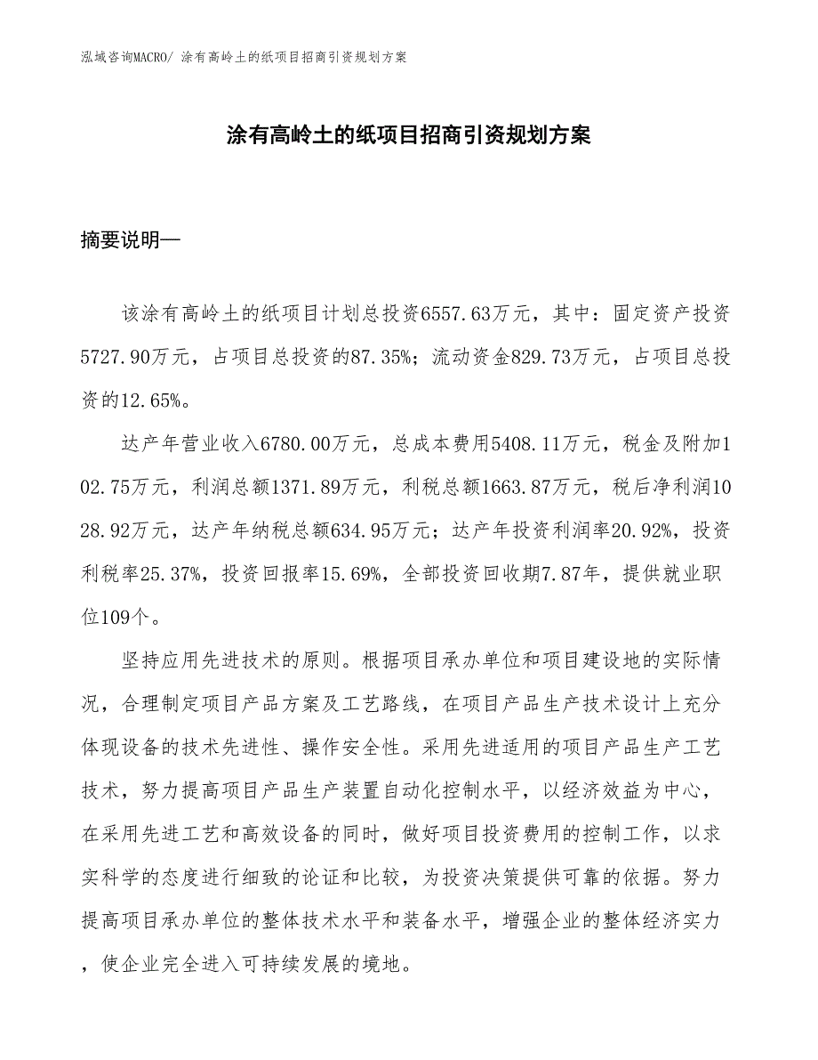 涂有高岭土的纸项目招商引资规划方案_第1页