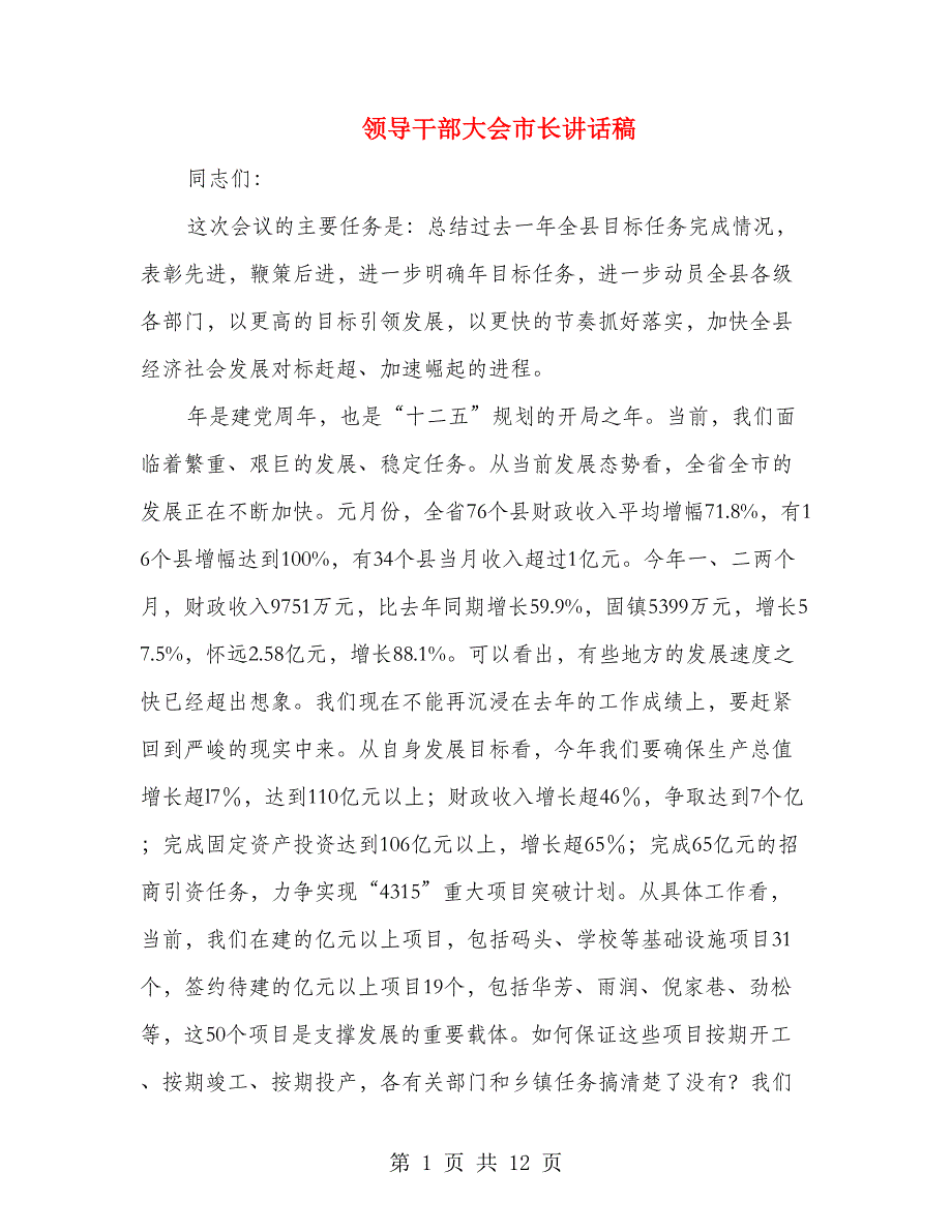 领导干部大会市长讲话稿_第1页