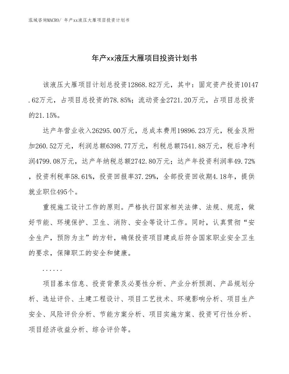 年产xx液压大雁项目投资计划书_第1页