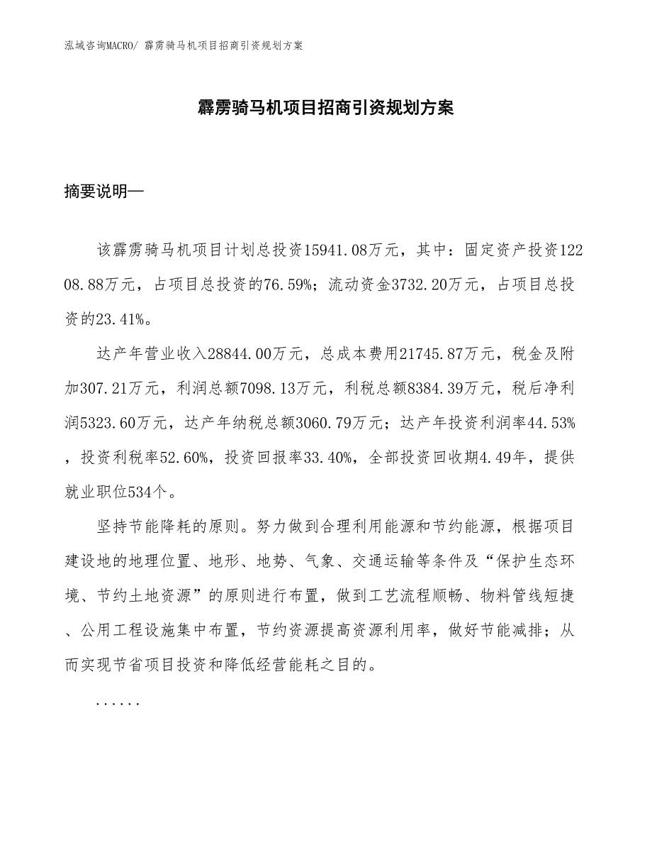 霹雳骑马机项目招商引资规划方案_第1页