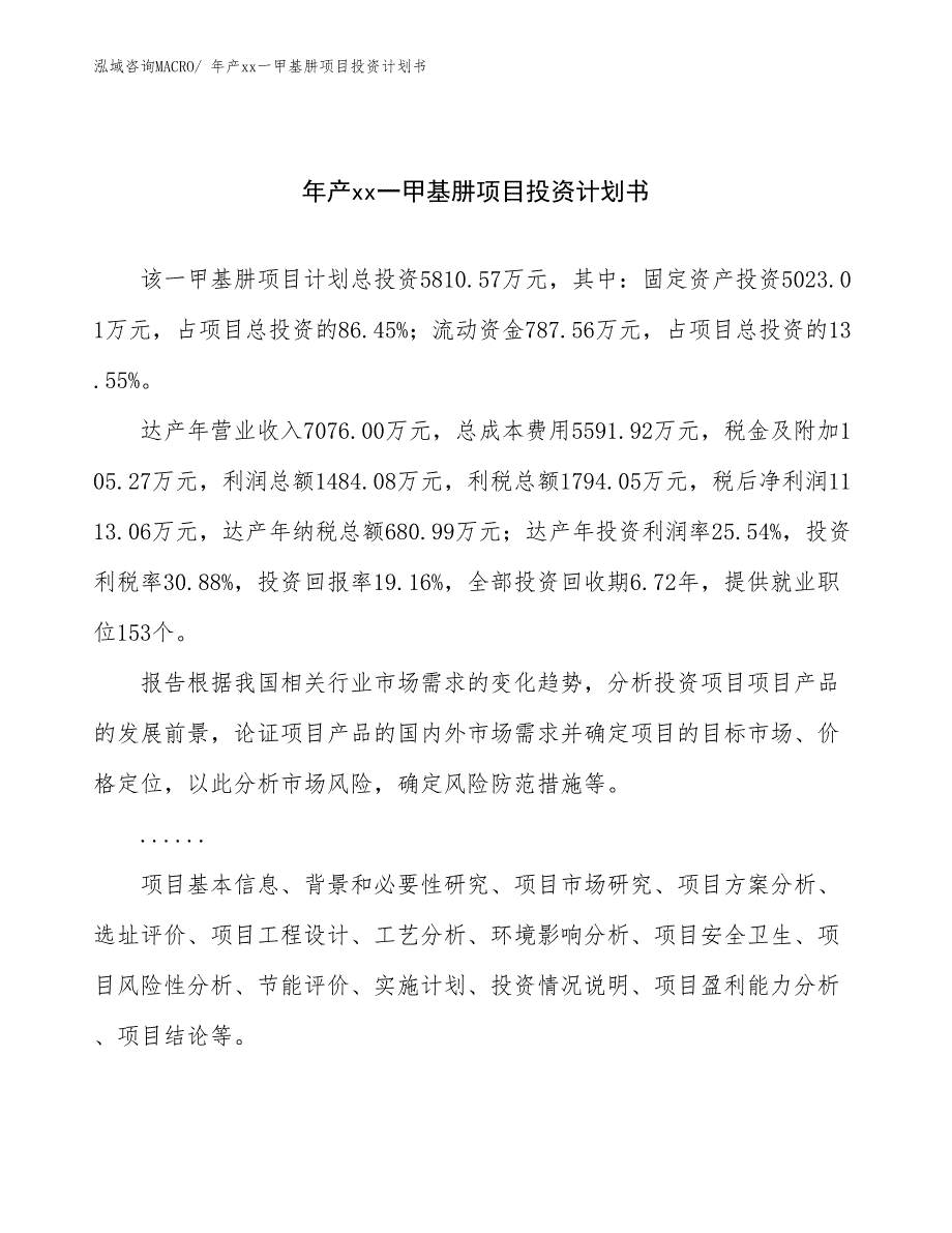 年产xx一甲基肼项目投资计划书_第1页