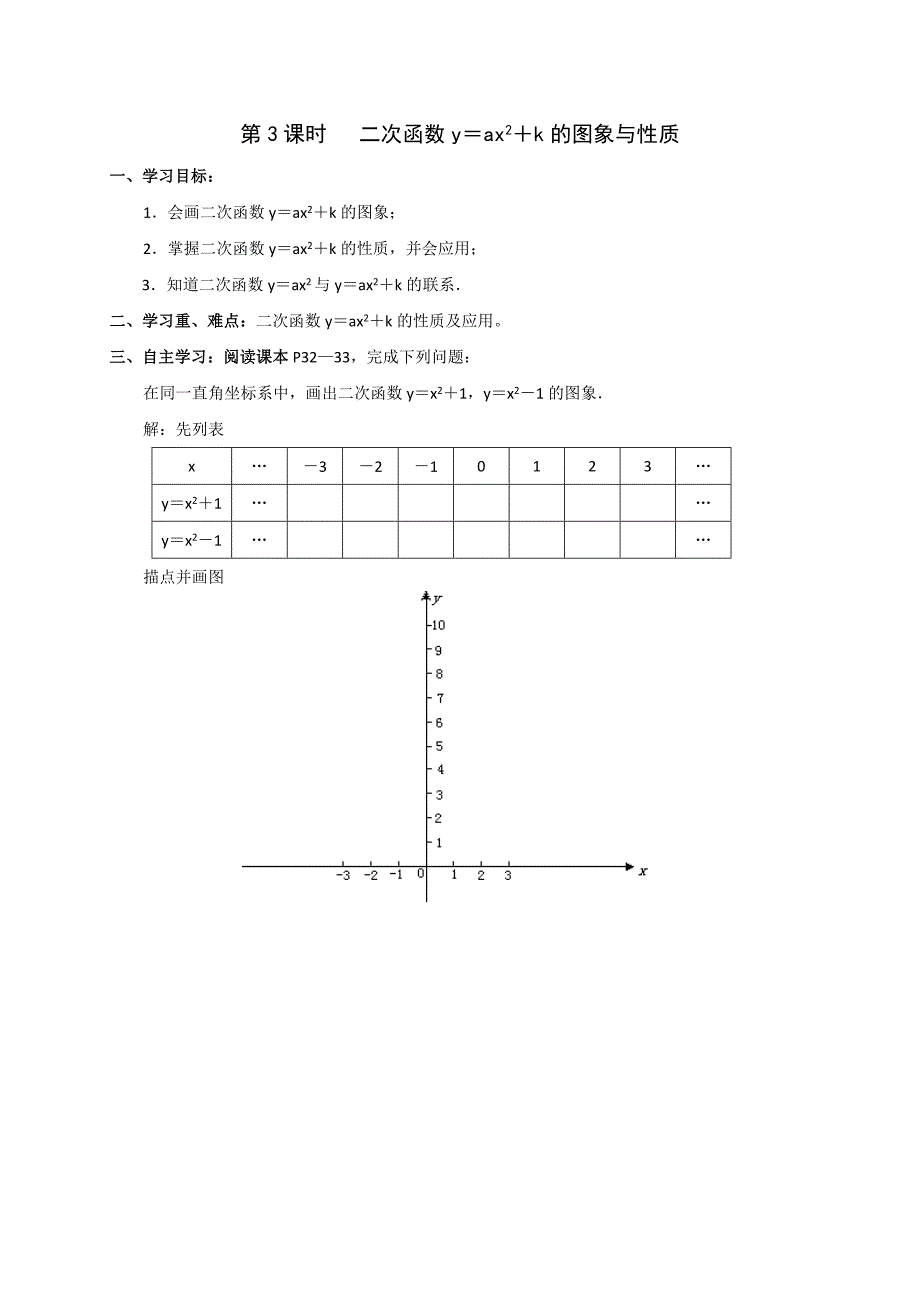 云南省人教版九年级数学上册导学案：第二十二章 第三课时 二次函数y＝ax2＋k的图象与性质_第1页