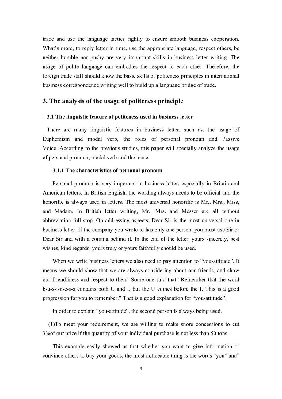 浅析礼貌原则在商务信函中的应用application of politeness principle in business letter_第5页