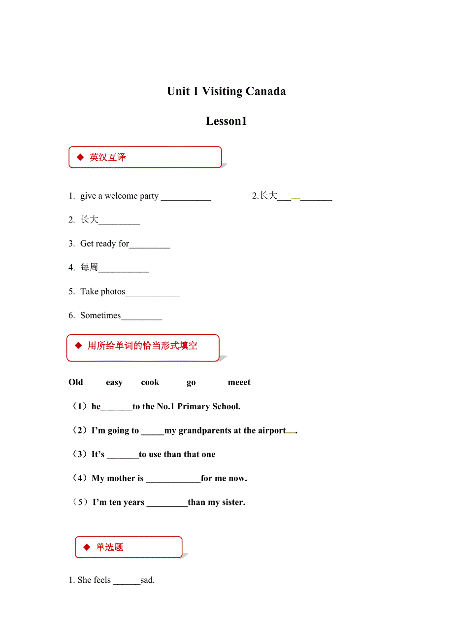 六年级下册英语一课一练-Unit 1 Visiting Canada Lesson 1∣人教（新起点）（2014秋）（有答案）_第1页