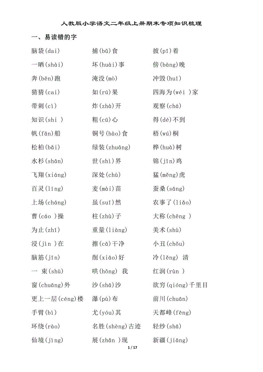 2018年部编二年级语文上册期末字词专项复习_第1页