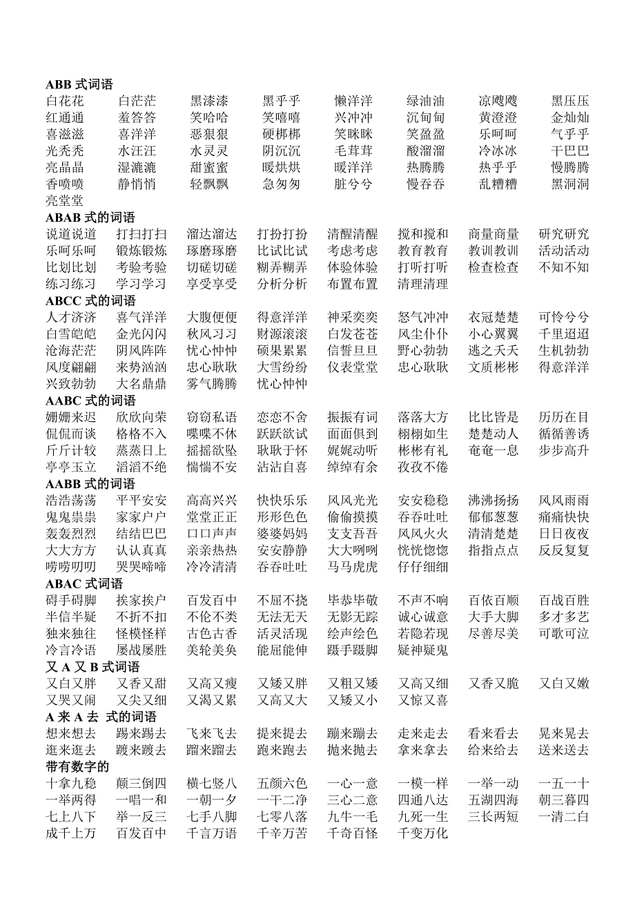 词语大全-abb、ABAB、ABCC、AABC、AABB、反义词、带数字、带比喻式等各类语.doc_第1页