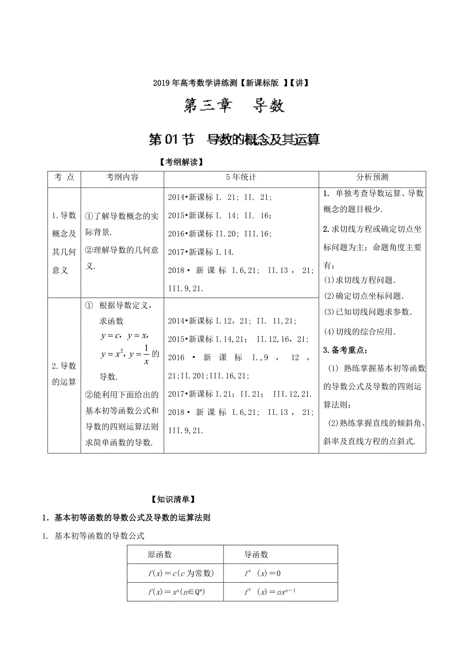 专题3.1 导数的概念及其运算（讲）-2019年高考数学（文）一轮复习讲练测 Word版含解析.doc_第1页