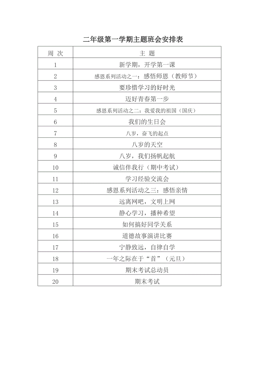 二年级第一学期主题班会安排表_第1页