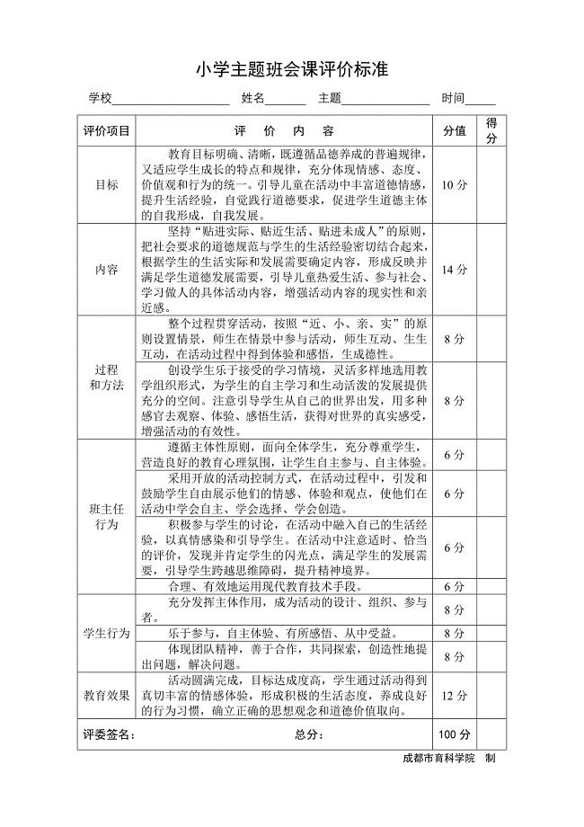 小学主题班会课评价标准