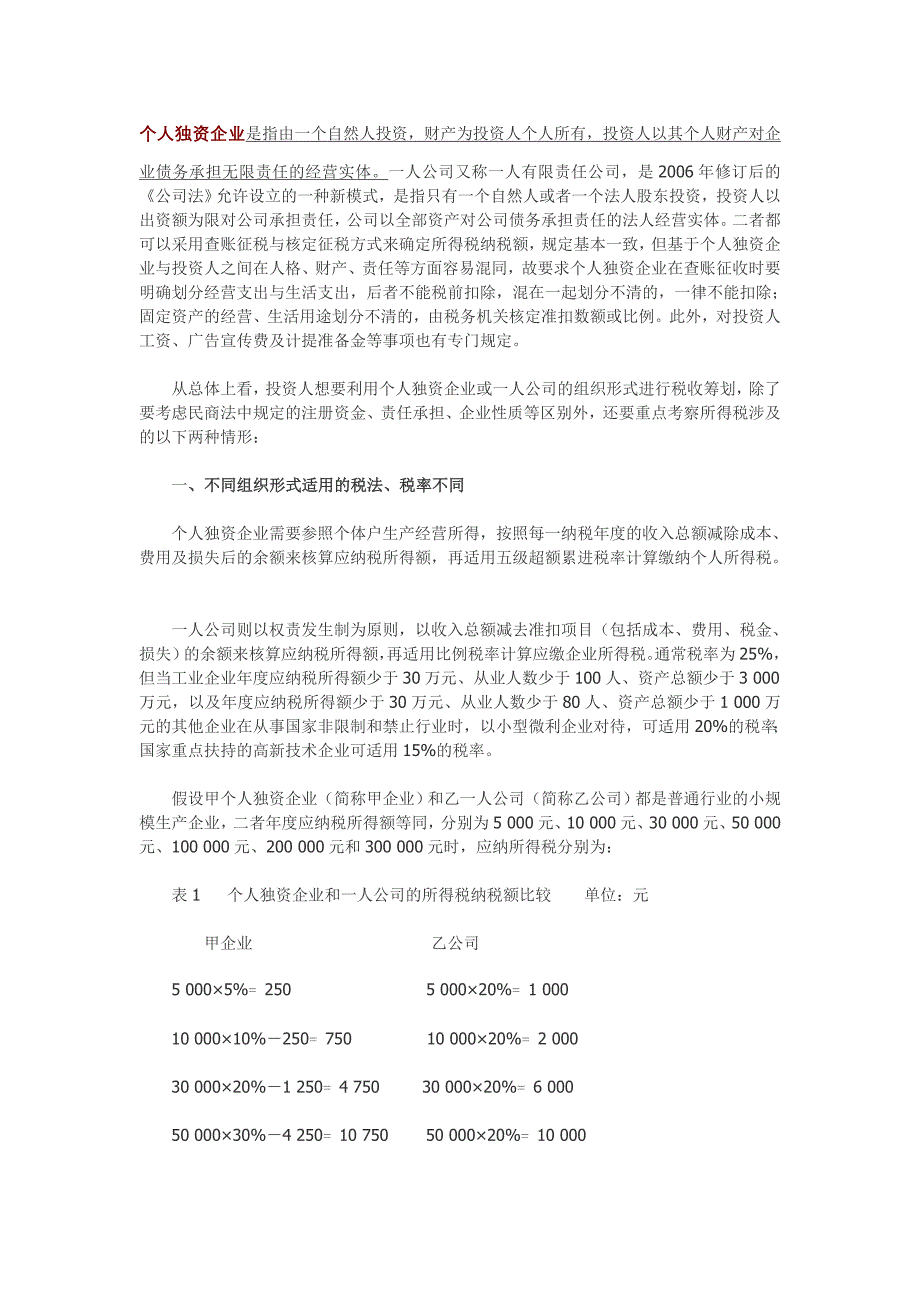 一人有限公司与个人独资企业税收政策差异的筹划_第1页