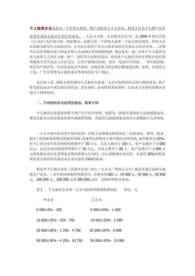 一人有限公司与个人独资企业税收政策差异的筹划