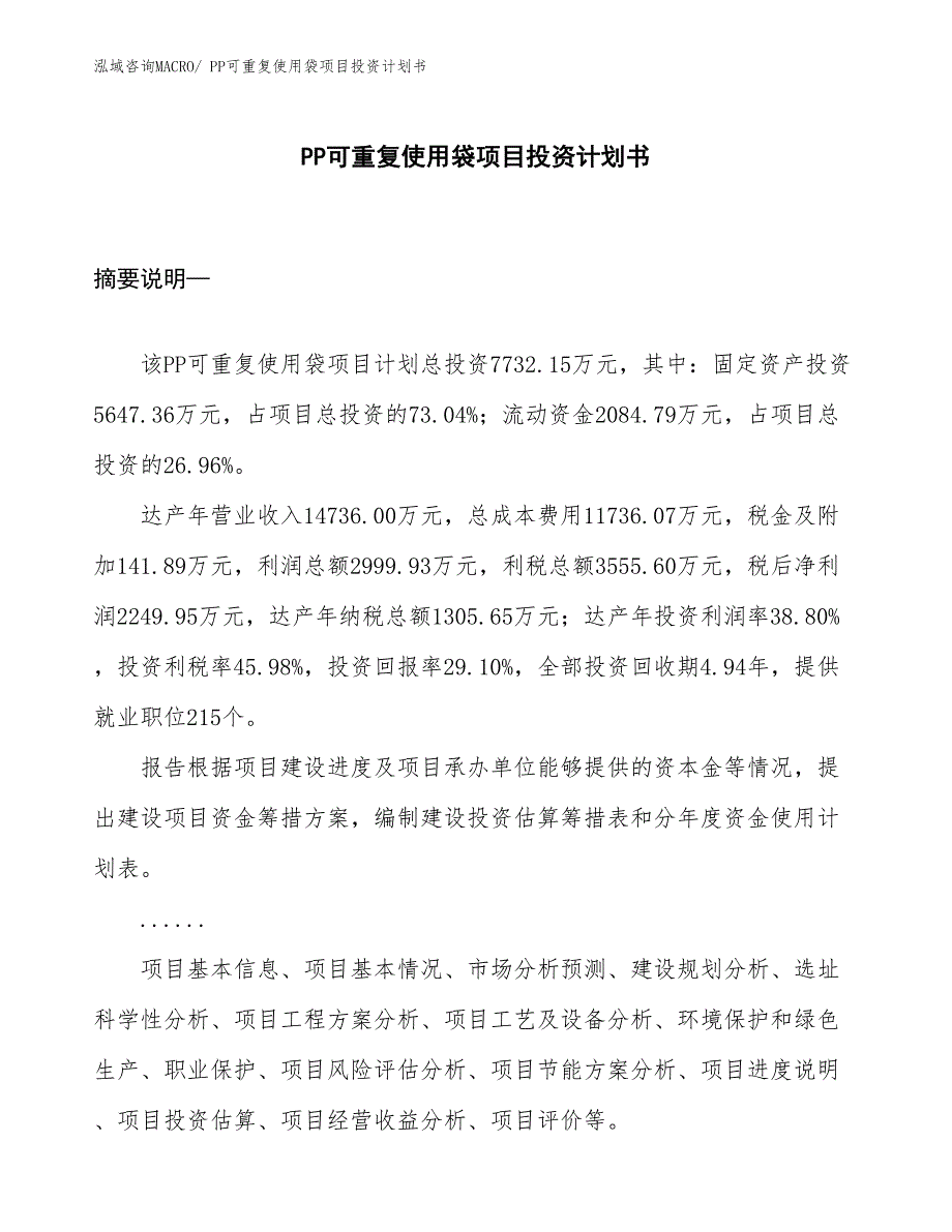 （项目规划方案）PP可重复使用袋项目投资计划书_第1页