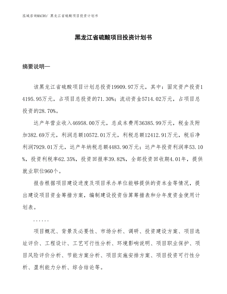 （项目规划）黑龙江省硫酸项目投资计划书_第1页