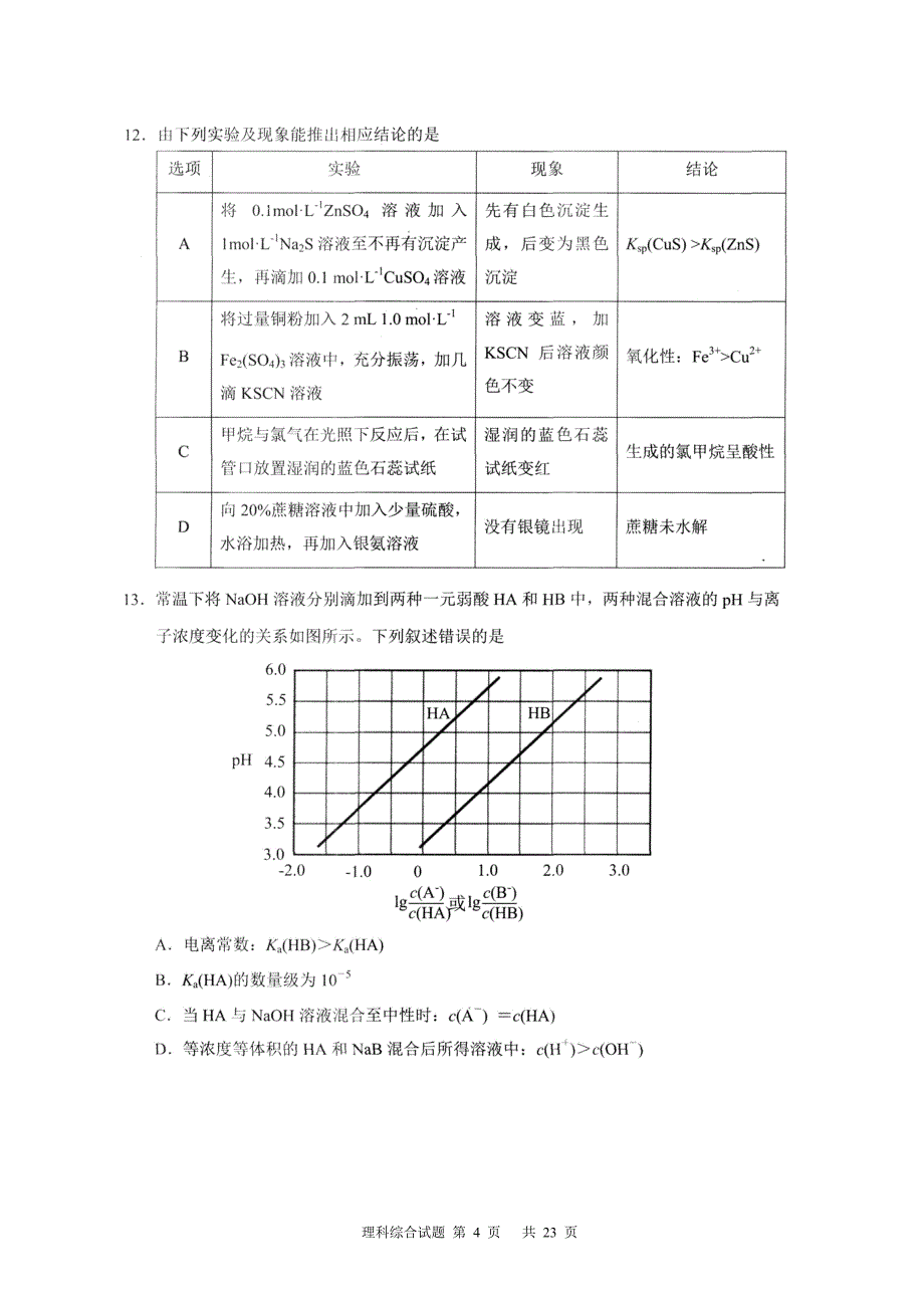 2018届广州市普通高中毕业班综合测试(一)(理综试题及答案).doc_第4页