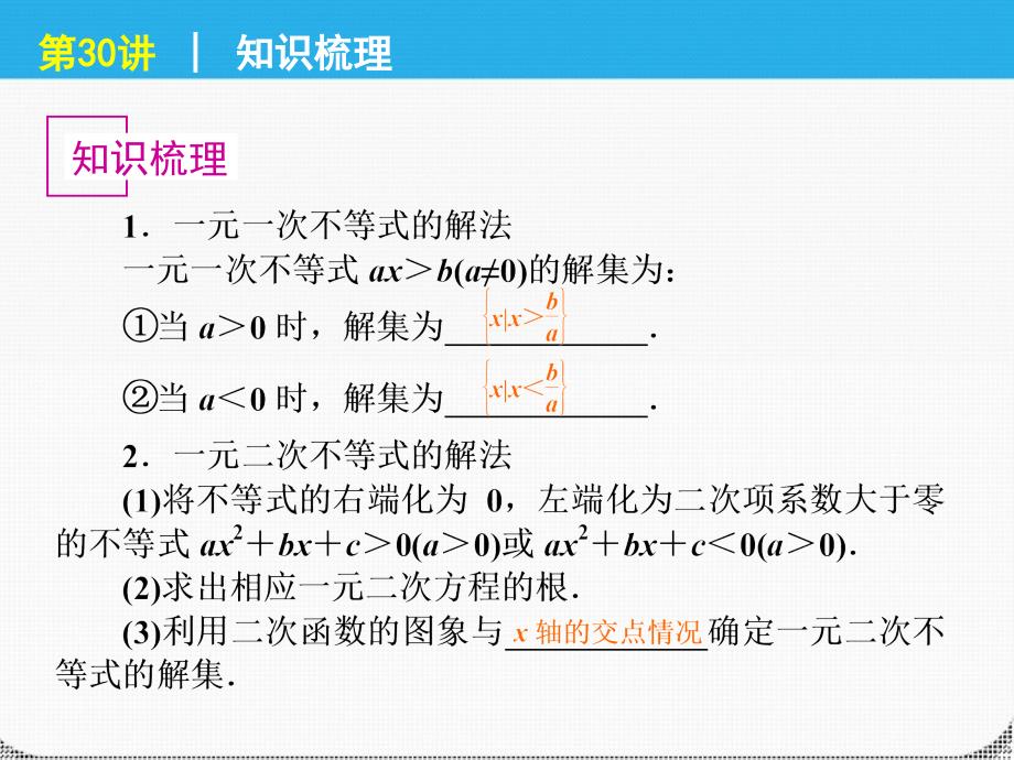 2018届高考数学一轮复习 第30讲一元二次不等式精品课件 理 新人教课标a版_第2页