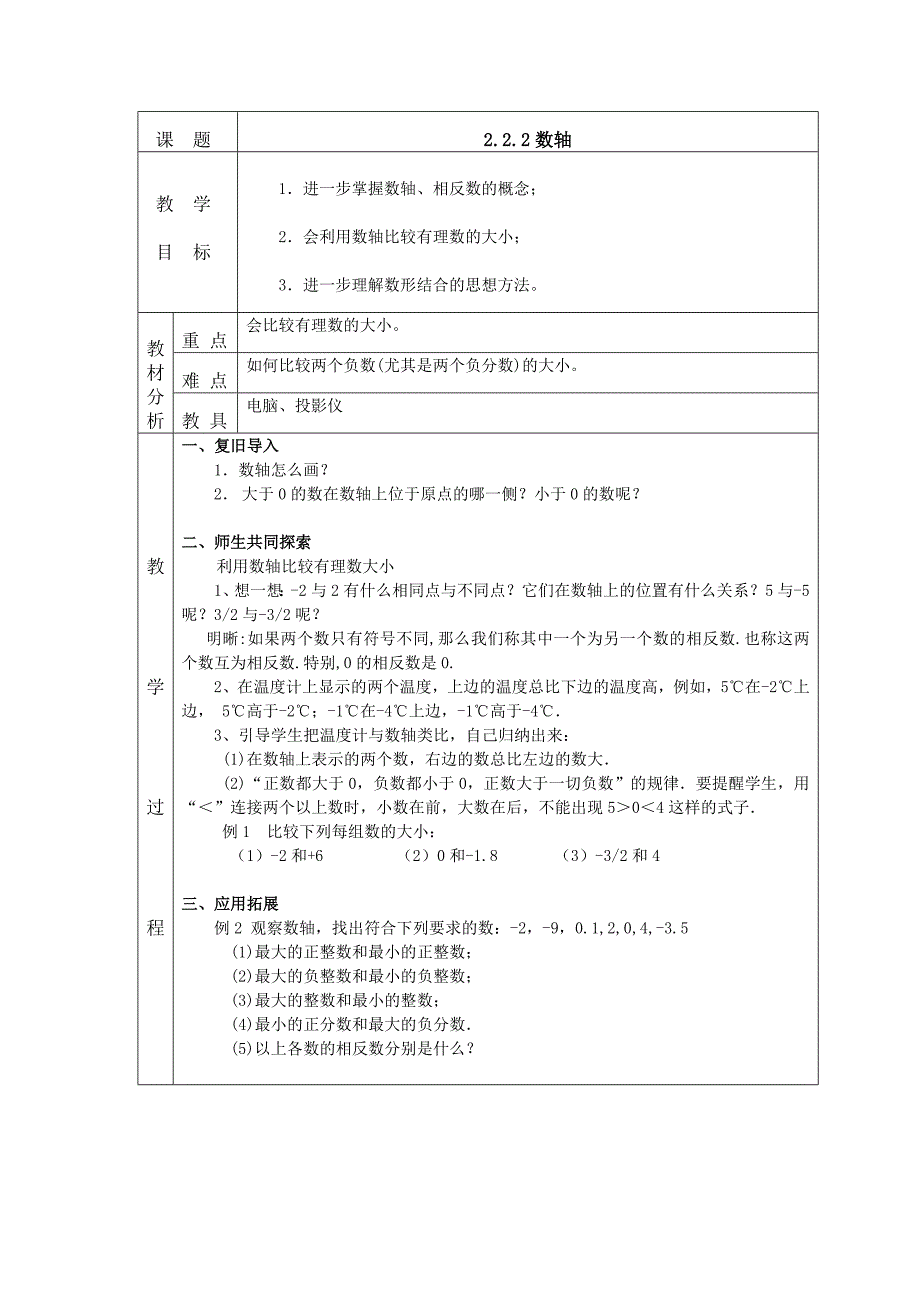 2.2 数轴 第二课时 教案（北师大版七年级上）.doc_第1页