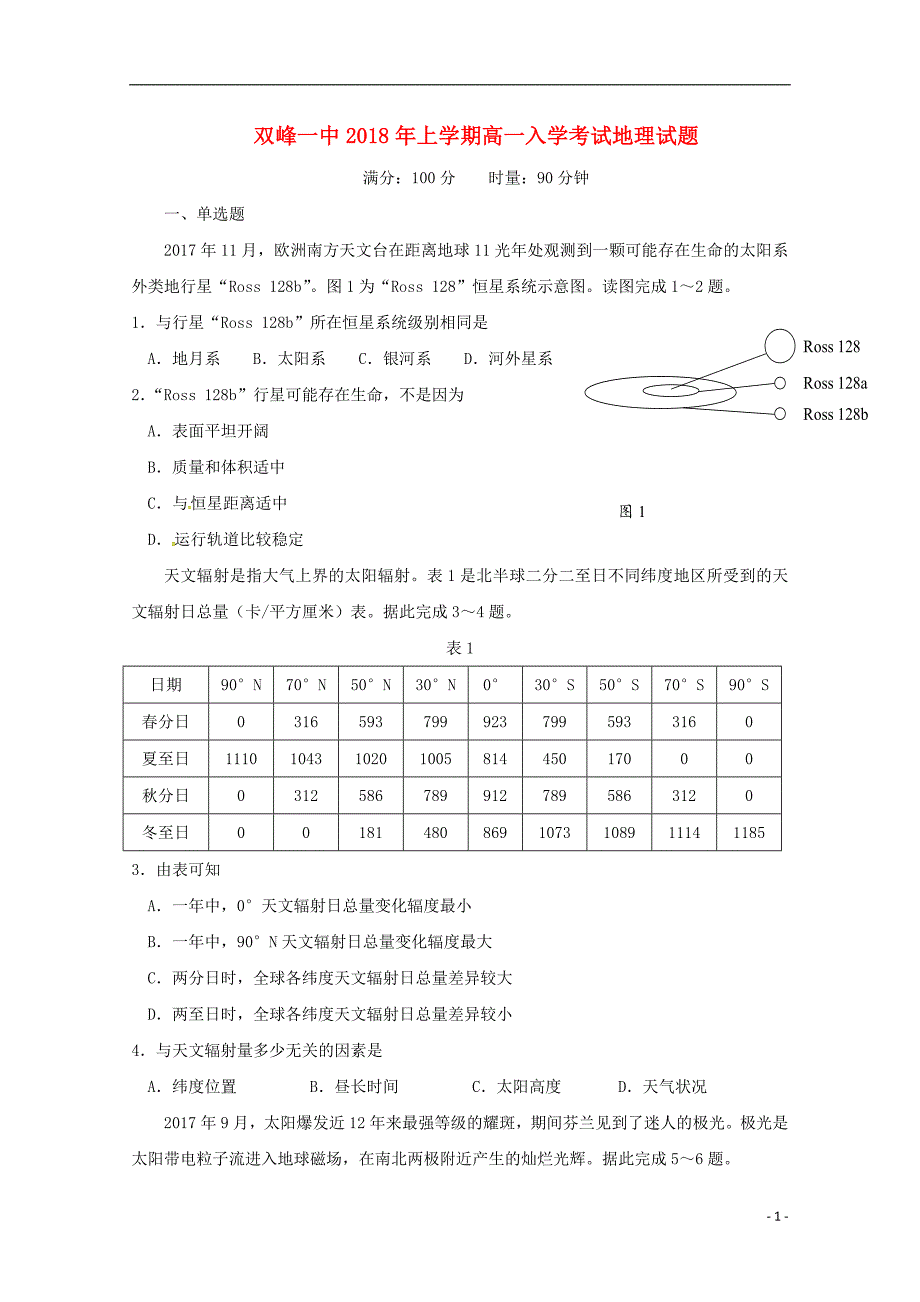 湖南省娄底市双峰县2017-2018学年高一地理下学期开学考试试题_第1页