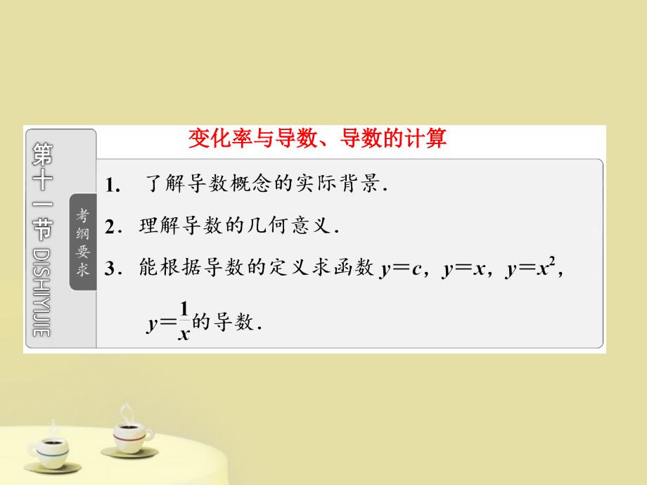 2018届高考数学 第二章第十一节变化率与导数、导数的计算复习课件 文 新人教a版_第1页