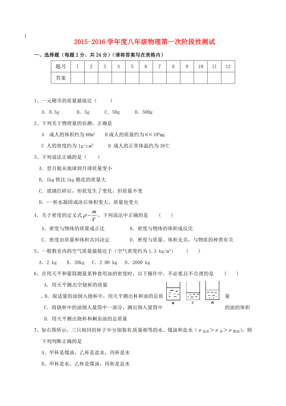 江苏省徐州市沛县龙固镇2015-2016学年八年级物理下学期第一次阶段性测试试题无答案苏科版_第1页