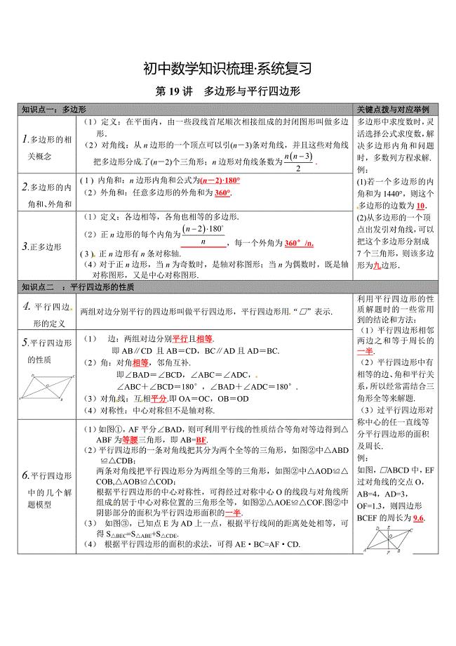 初中数学知识梳理•系统复习•第19讲多边形与平行四边形