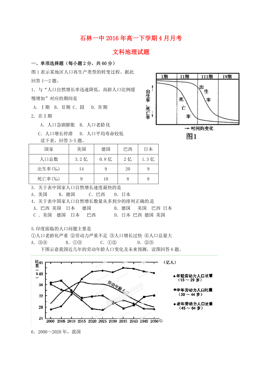 云南省石林县第一中学2015-2016学年高一地理4月月考试题 文_第1页