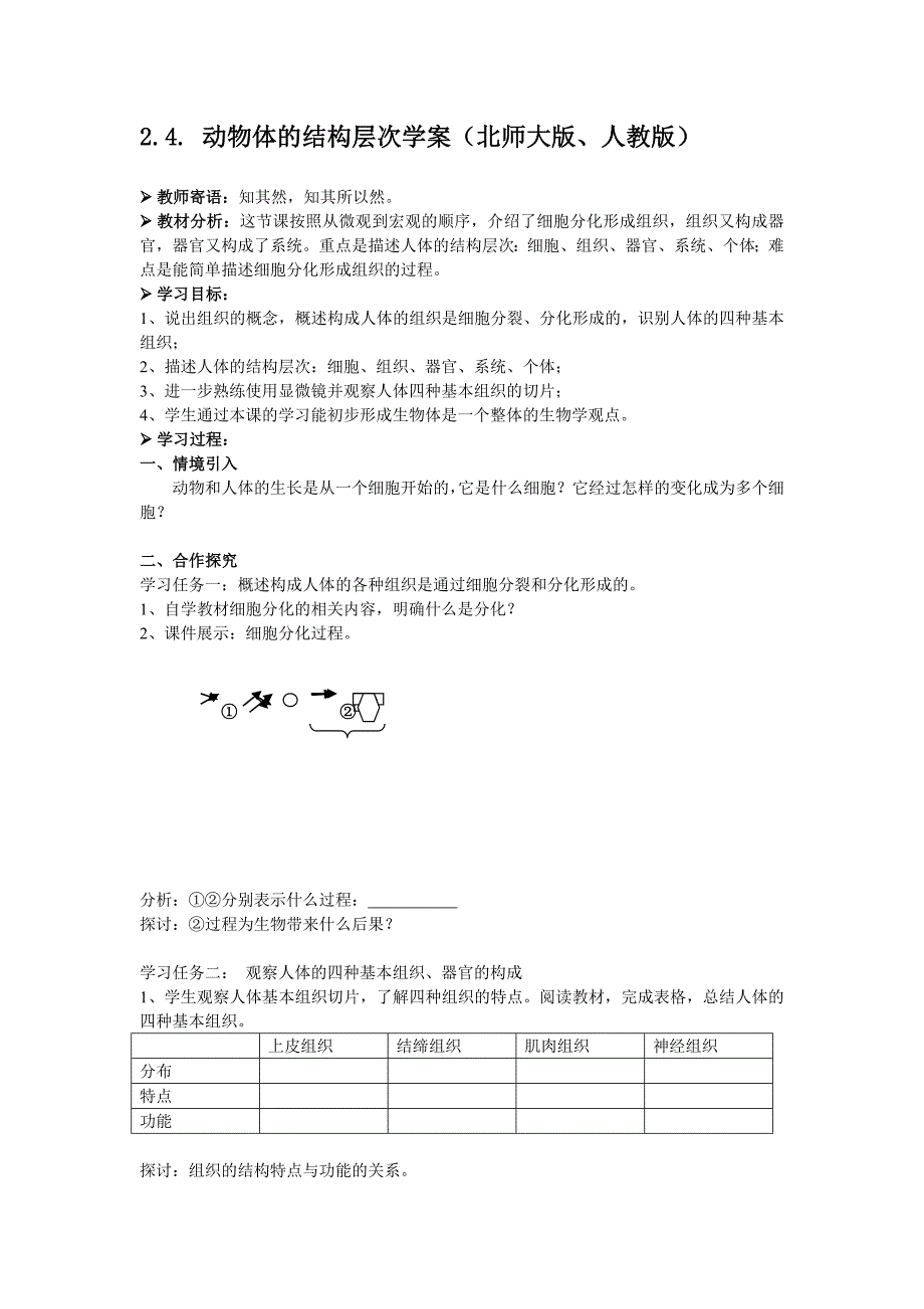 2.4. 动物体的结构层次学案（北师大版、人教版）.doc_第1页