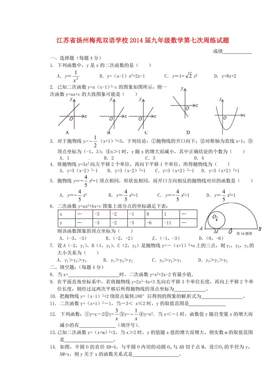 江苏省扬州梅苑双语学校2014届九年级数学第七次周练试题（无答案）_第1页