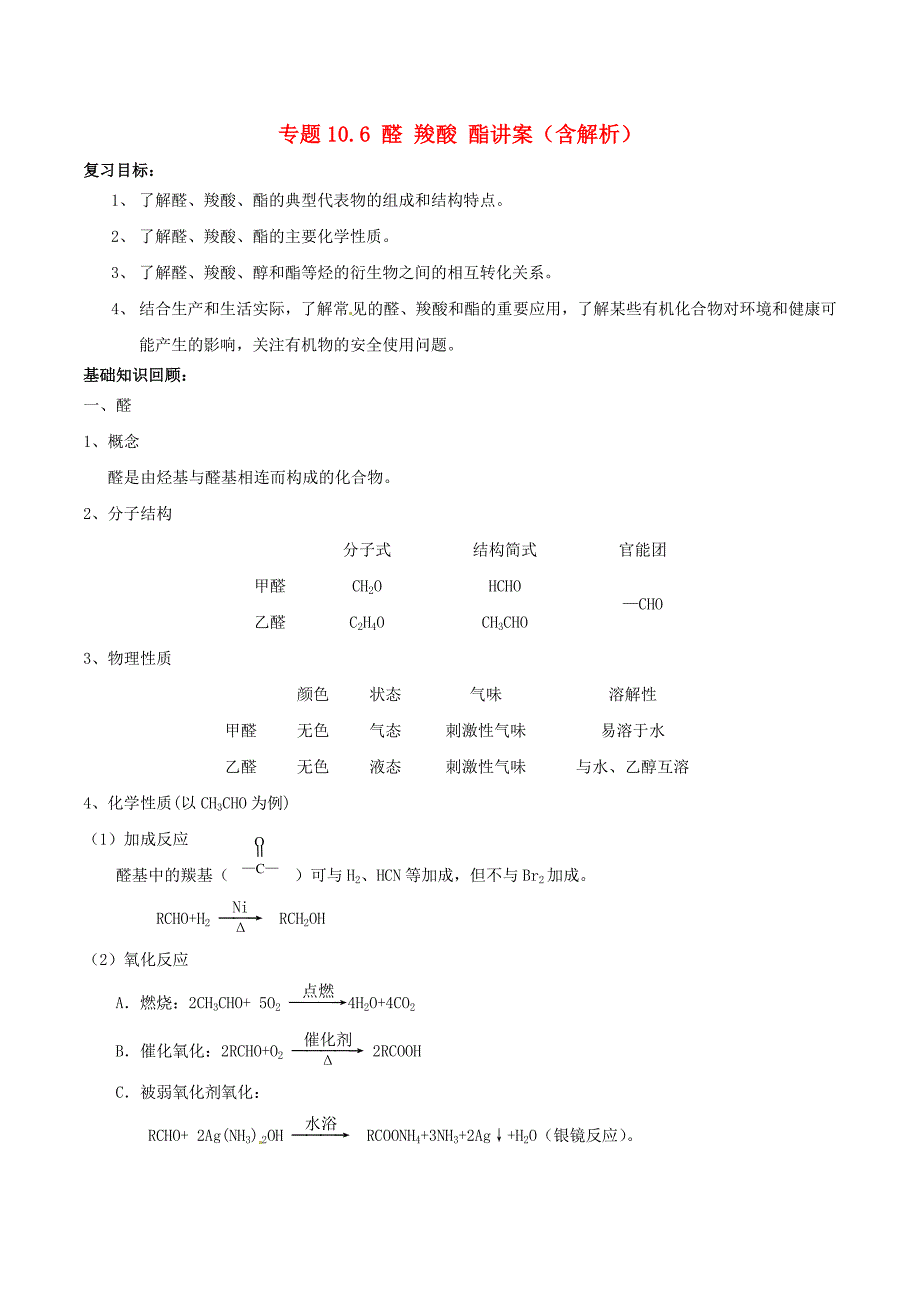 2015年高考化学一轮复习 专题10.6 醛 羧酸 酯讲案（含解析）_第1页