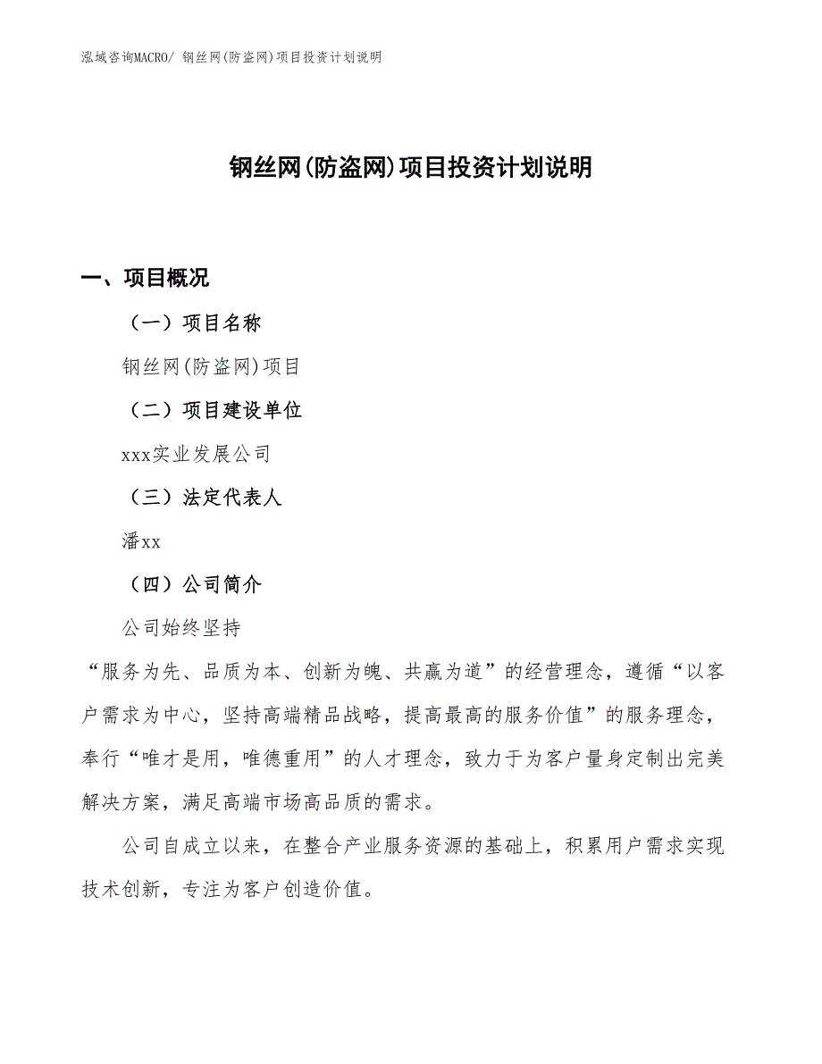 钢丝网(防盗网)项目投资计划说明_第1页